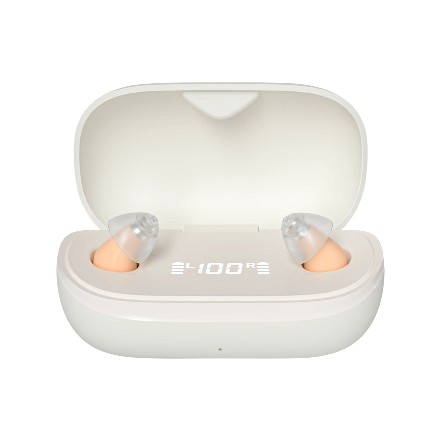Modern Hearing Comfort hearing aids with charging case